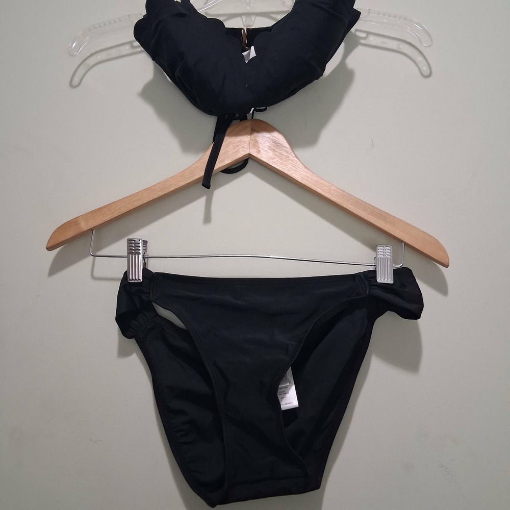 Kate Spade Scalloped Bikini Top M and Hula Honey Bottoms S Black Swimsuit Set